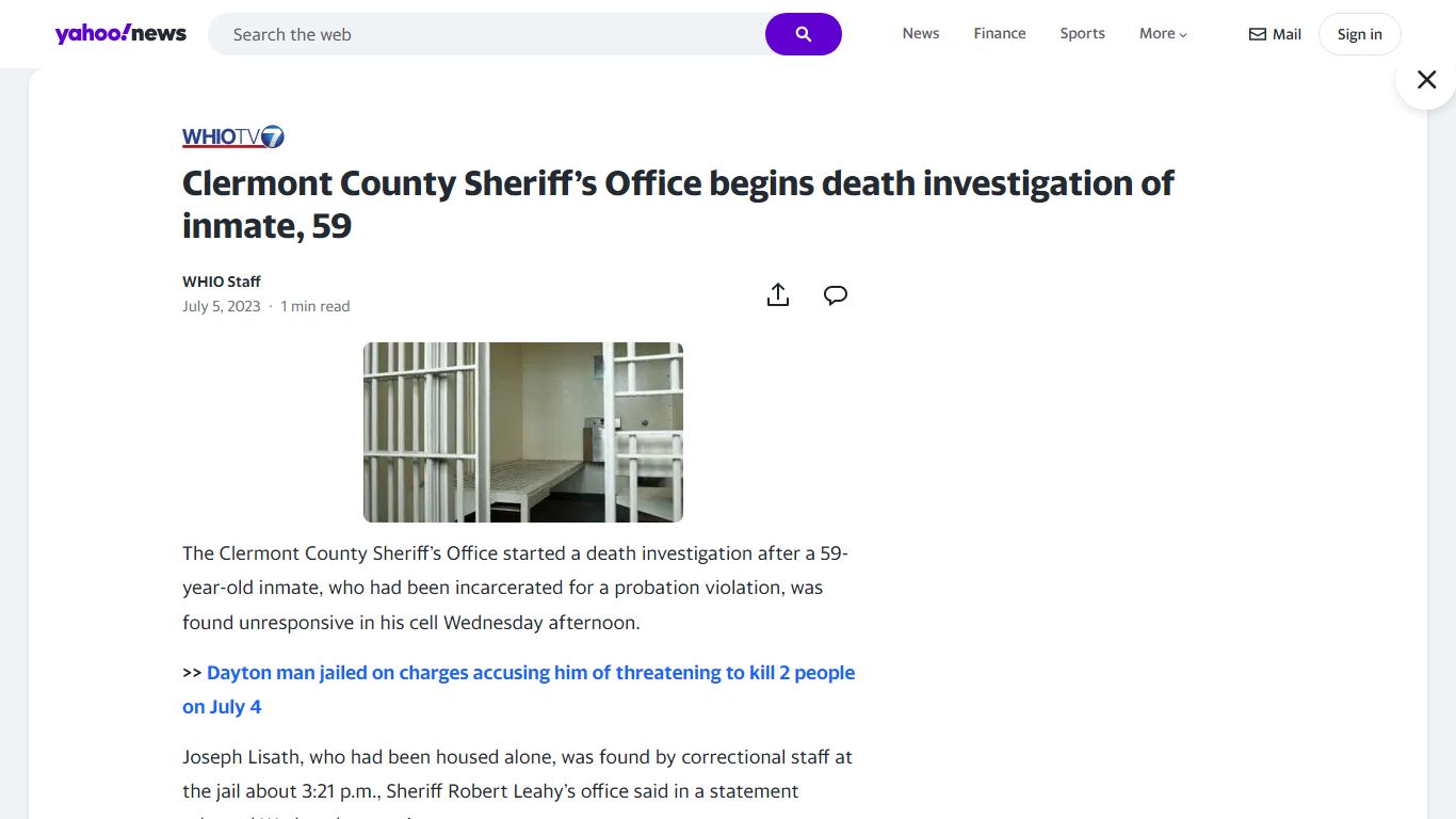 Clermont County Sheriff’s Office begins death investigation of inmate, 59